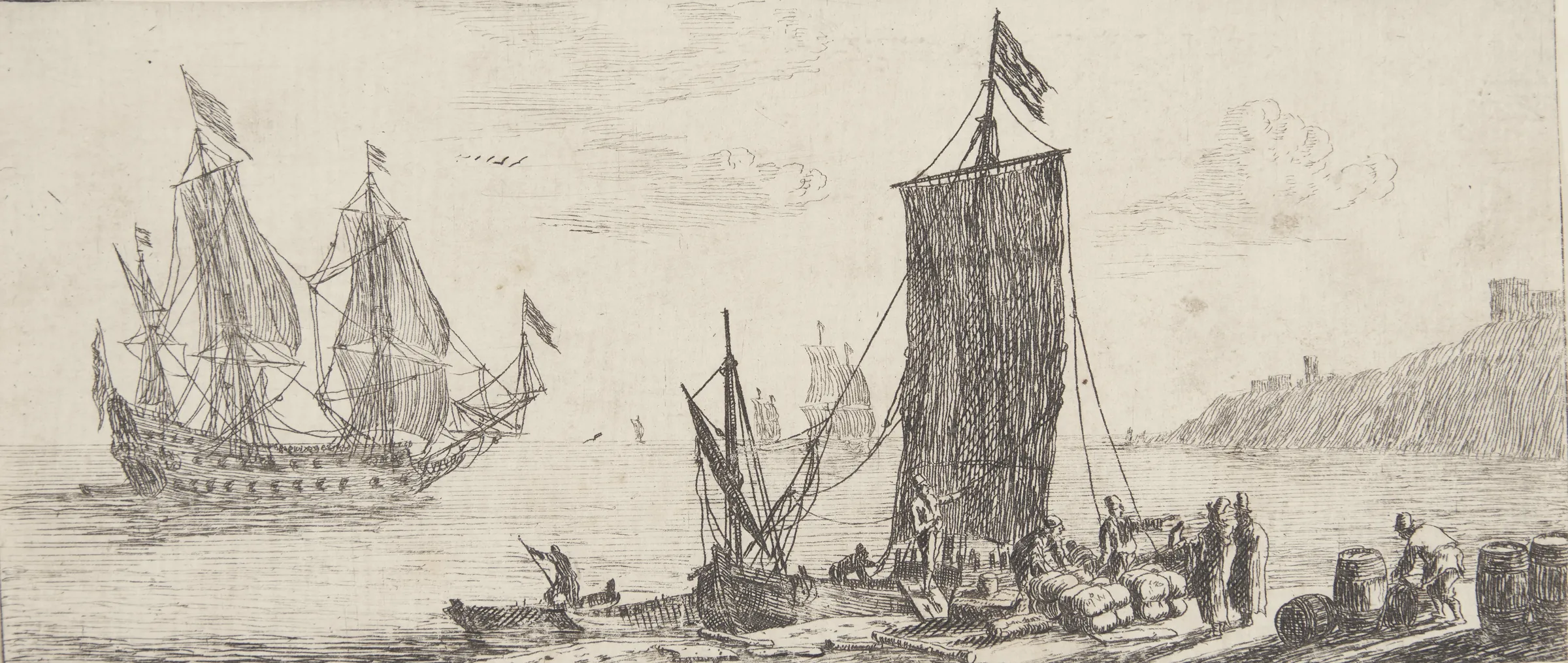 Reinier Zeeman, Bay with a Moored Merchant Ship, etching, 1651 to 1652. Cargo and barrels brought ashore.